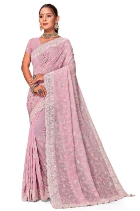 Pink Saree with Embroidered in Georgette SR25978