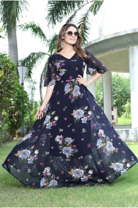 Printed Gown Dress in Navy blue Georgette GW0711