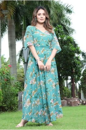 Aqua Gown Dress in Georgette with Printed GW0712