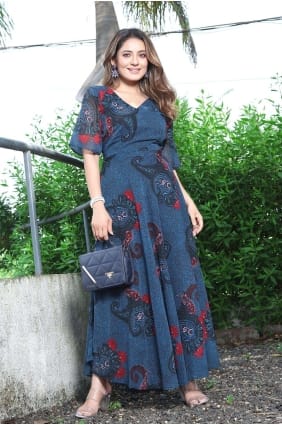 Printed Georgette Gown Dress in Teal blue GW0714