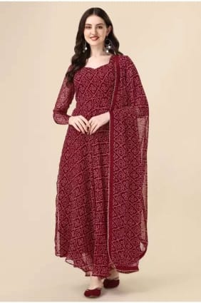 Georgette Maroon Gown Dress in Printed GW0729
