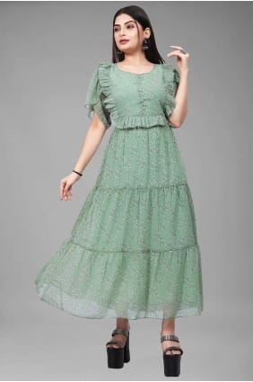 Pista Georgette Printed Gown Dress with Dupatta GW0731