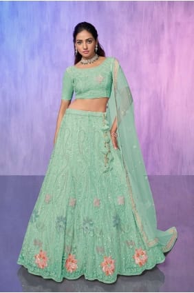Net Lehenga Choli with Embroidered Aqua LC7592