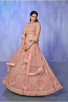 Embroidered Net Lehenga Choli Peach with Dupatta LC7596