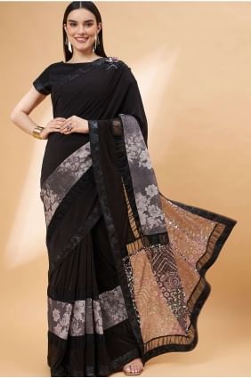 Hand,sequins,embroidered Lycra Saree in Black SR26160