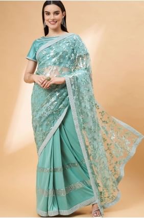 Aqua green Hand,sequins,embroidered Saree in Lycra SR26162