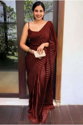 Plain Satin Saree in Maroon SR26173