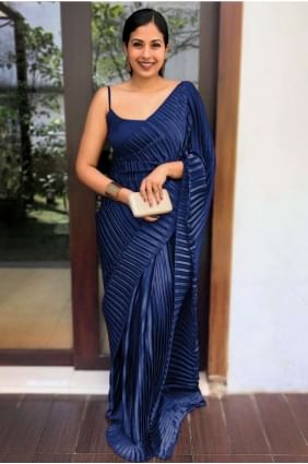 Satin Plain Neavy blue Saree with Blouse SR26174