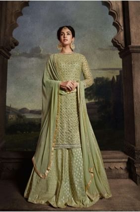 Net Anarkali Suit with Embroidered in Pista AS3793