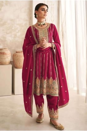 Silk Straight Suit with Embroidered in Red SK154129