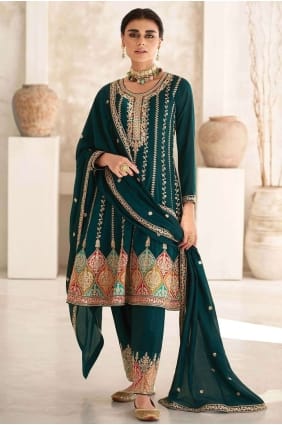 Silk Straight Suit in Aqua blue with Embroidered SK154131