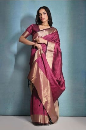 Saree in Rani Pink Banarasi raw silk with Printed SR26575