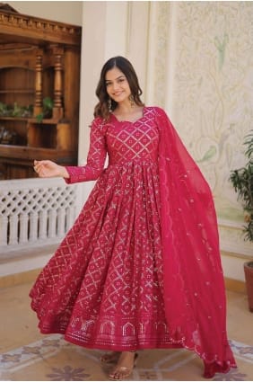 Gown Dress in Pink Faux georgette with Embroidered GW0775