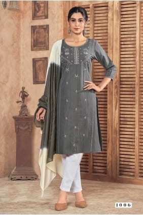 Viscose Grey Straight Pant Suit in Embroidered SK154138