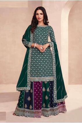 Green Embroidered Sharara Suit in Chiffon SS1128