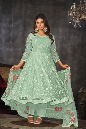 Embroidered Net Anarkali Suit in Light green SK154585