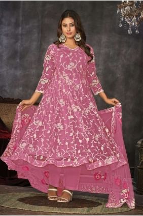 Pink Anarkali Suit in Embroidered Net AS3835