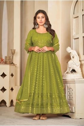 Georgette Anarkali Suit in Light green with Embroidered AS3839