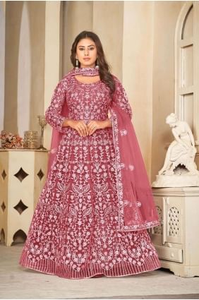 Orange Anarkali Suit in Embroidered Net AS3849