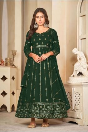 Embroidered Georgette Anarkali Suit in Green with Dupatta AS3855