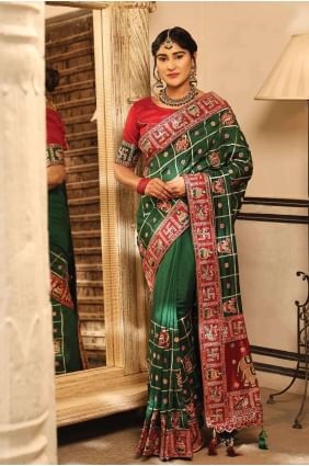 Silk Green Saree Embroidered,digital print SR26591