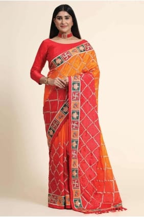 Embroidered Silk Orange Saree SR26595