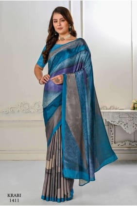 Blue Saree with Digital print crepe Silk SR26618