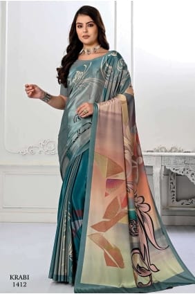 Teal blue Saree Digital print Silk crepe SR26619