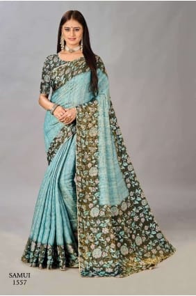 Digital print Silk in Turquoise blue Saree SR26624