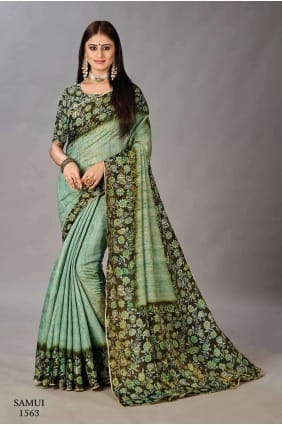 Digital print Silk Saree in Turquoise green SR26630