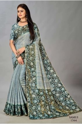 Saree Light blue Silk with Digital print SR26631