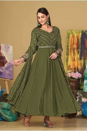 Georgette Anarkali Suit in Light green with Embroidered AS3859