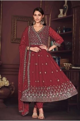 Georgette Anarkali Suit in maroon with Embroidered AS3867