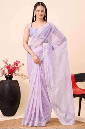 Embroidered Saree Net in Light purple SR26751