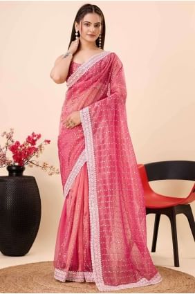 Embroidered Net Saree Pink with Blouse SR26752