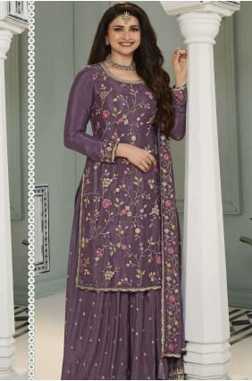 Embroidered Chiffon Purple Palazzo Suit with Dupatta PZ3961
