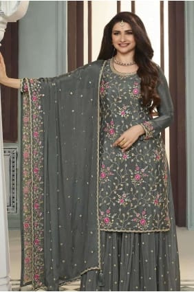 Grey Palazzo Suit with Embroidered Chiffon PZ3962