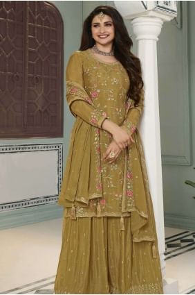 Embroidered Chiffon Palazzo Suit in Mustard PZ3963