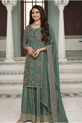 Green Chiffon Embroidered Palazzo Suit with Dupatta PZ3964