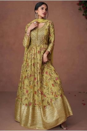 Anarkali Suit in Mustard Organza with Embroidered AS3890