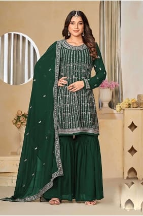Faux georgette Green Embroidered Palazzo Suit with Dupatta PZ3967
