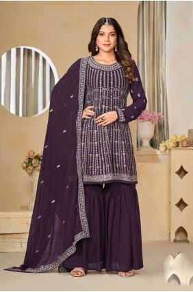 Faux georgette Palazzo Suit in Wine Embroidered PZ3968
