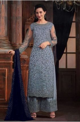 Grey Palazzo Suit with Embroidered Net PZ3975