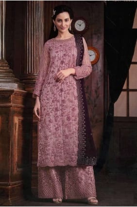 Net Pink Palazzo Suit in Embroidered PZ3976