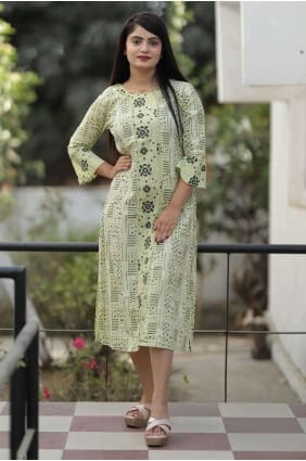 Printed Cotton Olive Kurti with Dupatta KTI2386