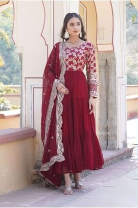 Viscose Maroon Gown Dress with Dupatta GW0814