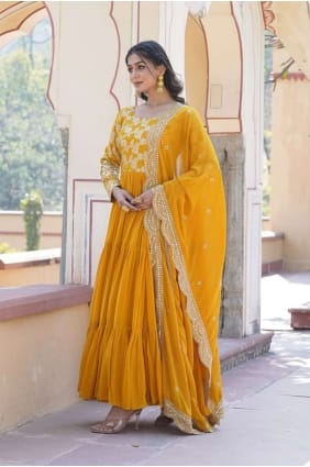 Viscose Yellow Gown Dress with Dupatta GW0815