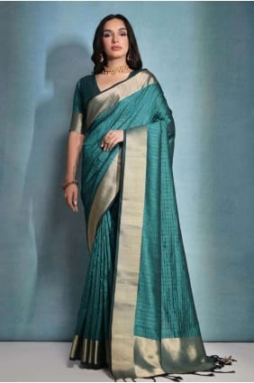 Weaving Raw silk Saree Rama with Blouse SR26839