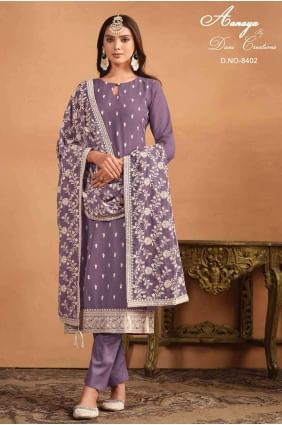 Lavender Embroidered Straight Pant Suit in Net SK154152