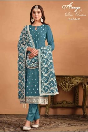 Embroidered Net Straight Pant Suit in Teal with Dupatta SK154153